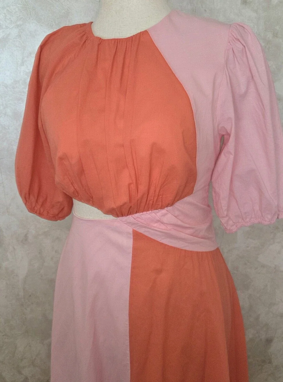 Colorblock Cutout Midi Dress Pink Coral Puff Sleeve Boutique LA Jolie NWOT - Picture 1 of 13